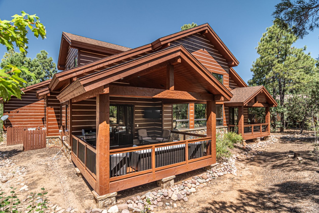 Rustic wooden cabin in a forest setting