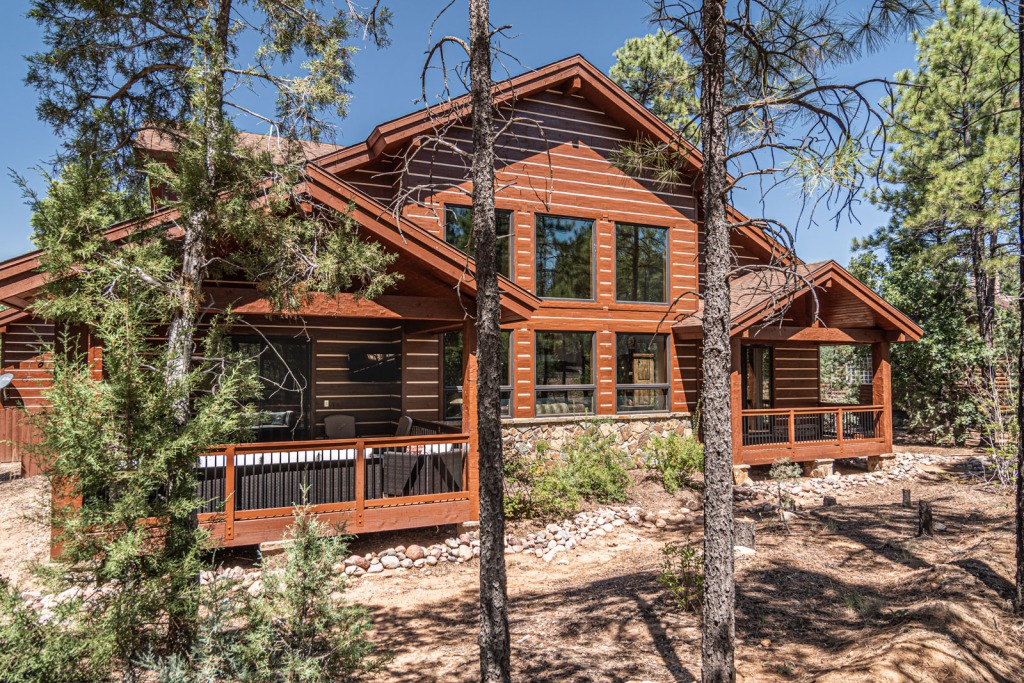 Wooden cabin amidst forest trees