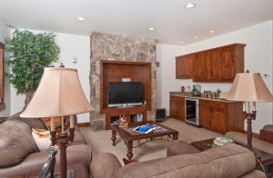 Cozy living room with stone fireplace