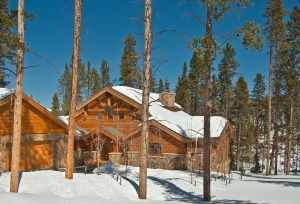 Cabin surrounded by snowy pine trees