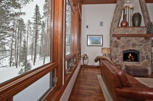Cozy living room with snowy forest view