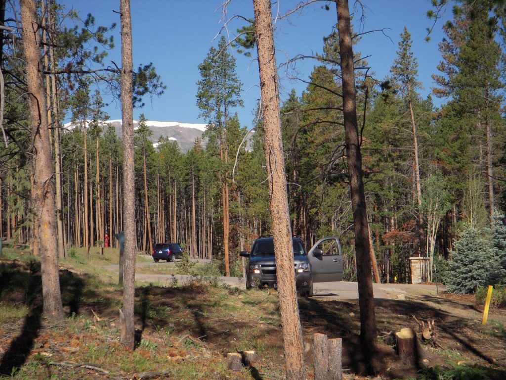 Forest road with parked cars and mountains
